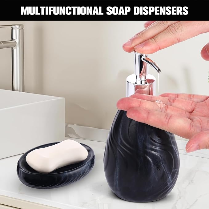 Ceramic Soap Dispenser and Soap Dish Set, Marbled Elegant Bathroom Decor with Non-Slip Base, Modern Hand Wash Bottle & Soap Tray for Bathroom Sink Countertop, Kitchen, Spa (Black)