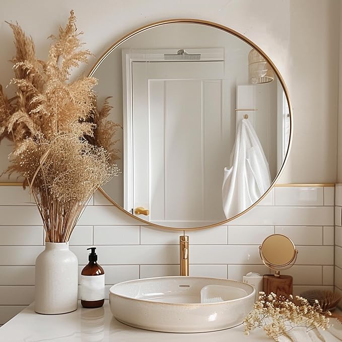 Gold Round Mirror 30 inch, Large Circle Mirror, Round Wall Mirror Metal Frame, Gold Circle Mirrors for Wall, Bathroom, Living Room, Hallway.