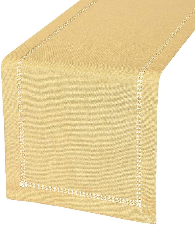 Grelucgo Small Short Handcrafted Solid Color Dining Table Runner, Dresser Scarf, Double-Hemstitched (Yellow, 14 x 48)