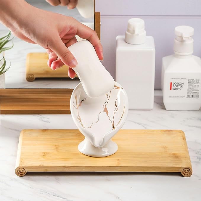 WHJY Ceramic Self Draining Soap Dish for Bar, Small Leaf Shaped Soap Dish, White Marble Soap Dish for Bathroom Shower Soap Holder Tray for Kitchen