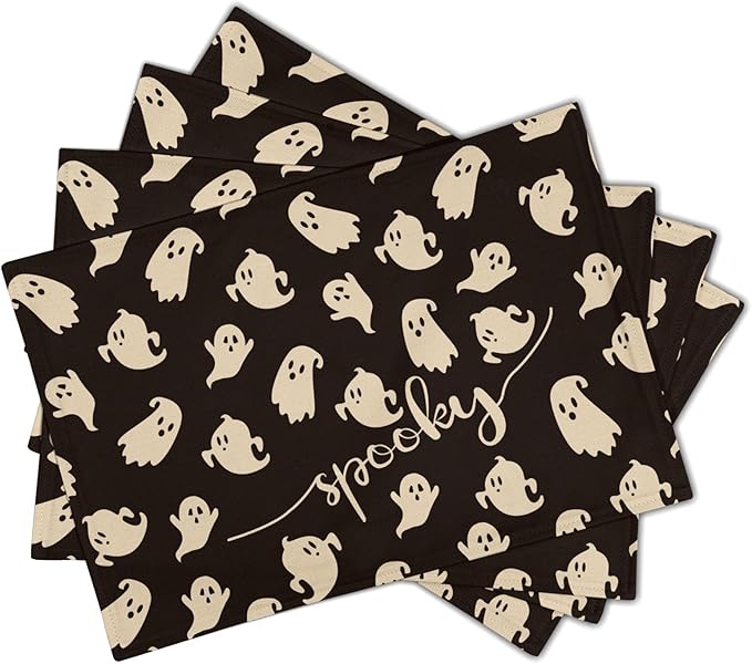Giwawa Halloween Placemats Set of 4, 12x18 Inch Spooky Gothic Ghosts Black Place Mat for Kitchen Dining, Holiday Double Sided Heat Resistant Table Mats for Tabletop Party Indoor Outdoor Decor