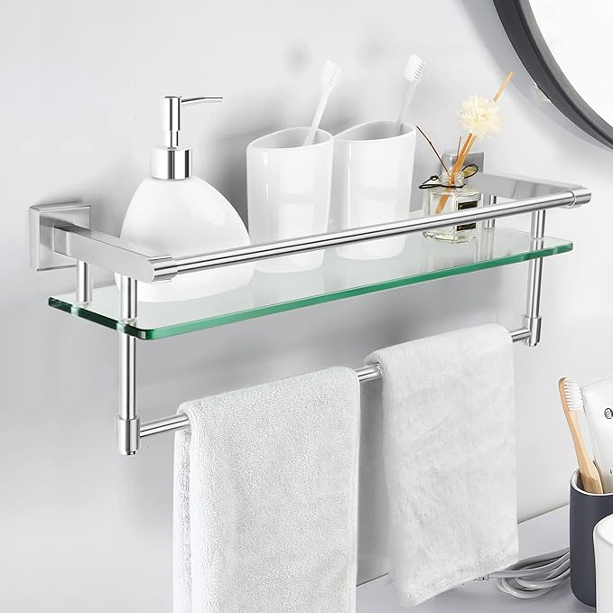 Glass Bathroom Shelf with Towel Bar, Stainless Steel Tempered Towel bar/Track Glass Bathroom Shelves Wall Mount Over The Toilet (Brushed Nickel, 20-inch)