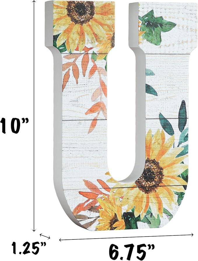 COLLECTIVE HOME - 10" Wood Lettes for Wall Decor, Sunflower Tabletop Alphabet Decoration, DIY Farmhouse Decor, Rustic Freestanding Monogram Block (U)