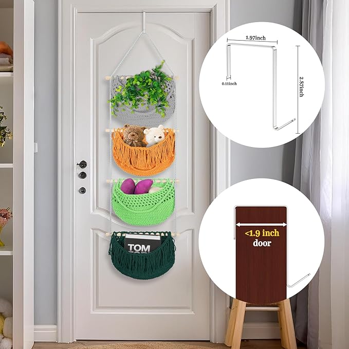 4 Tier Hanging Fruit Basket for Kitchen, 4 Pack Detachable Cotton Crocheted Wall Hanging Basket Over Door Organizer for Fruit Veggie Plant, Hanging Shelves for Bedroom Bathroom (Mixed Color)