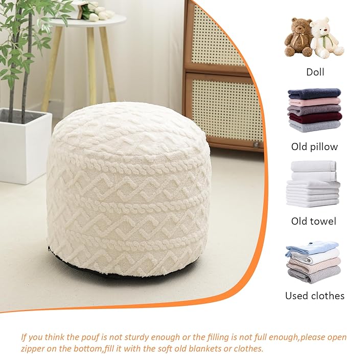 Beige Round Faux Fur Ottoman Pouf - 20x15 Inch Storage Foot Stool Cushion for Living Room & Bedroom Decor