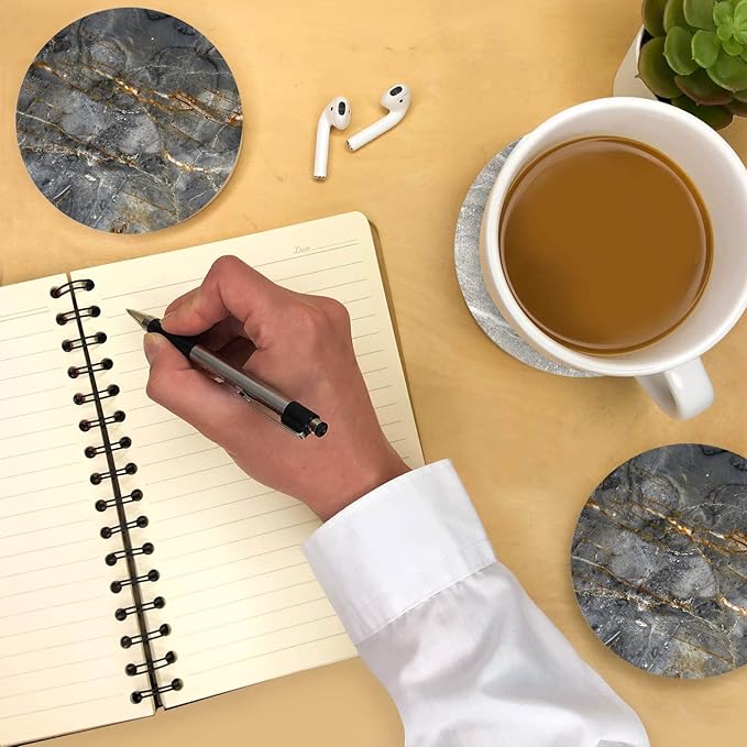 Emerson Coasters for Drinks Absorbent – Natural Stone Drink Coasters Set with Holder, Coasters for Coffee Table, Wooden Tabletop Protection Marble Style – 100% Heavy Duty Set of 6 (Gray)