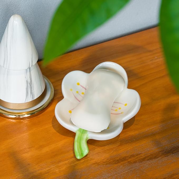 Ceramic Soap Dish Holder for Bathroom, Flower Bar Holder for Shower, Easy Cleaning Saver Tray Decoration for Bathroom, Sinks, Kitchen (White)