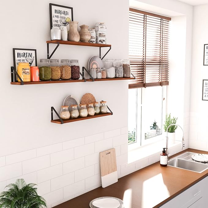 Wallniture Ponza Floating Shelves for Wall, 24" Rustic Wood Wall Shelves for Bedroom Decor, Living Room Book Shelf, Kitchen Organization Walnut Set of 4