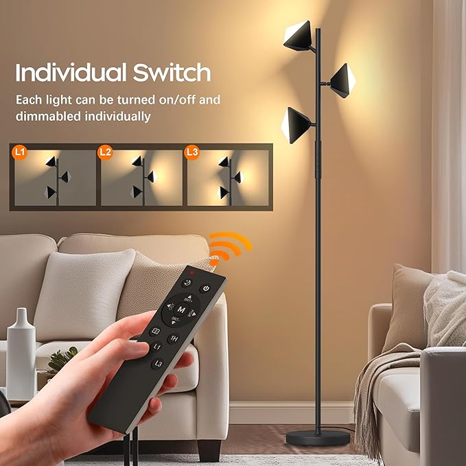 QiMH RGB Floor Lamp for Living Room, 36W LED Standing Lamp with 3 Lights, Dimmable Smart Lamp with Remote & Touch Control, Colors Changing& DIY Mode, Modern Tree Tall Lamp for Bedroom, Black
