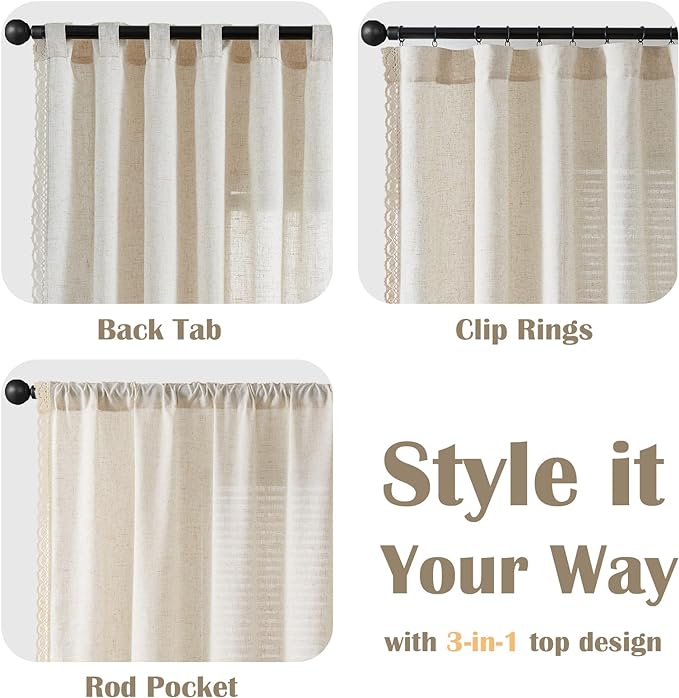jinchan Linen & Polyester Blend Beige Curtains 84 Inch Length 2 Panels Curtains with Lace Trim for Living Room Rustic Farmhouse Curtain Rod Pocket Back Tab Light Bedroom Window Curtain Set