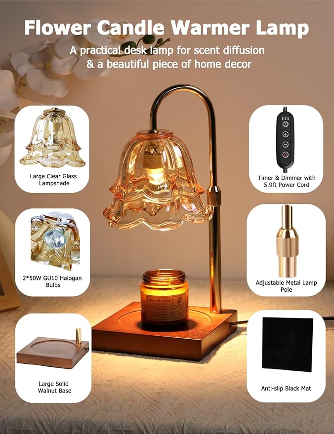 Candle Warmer Lamp with Timer Dimmer Height Adjustable Electric Candle Wax Melt Warmer, Large Flower Candle Lamp Warmer for Jar Candles with 2 Bulbs, Home Decor Birthday Gifts for Men Women