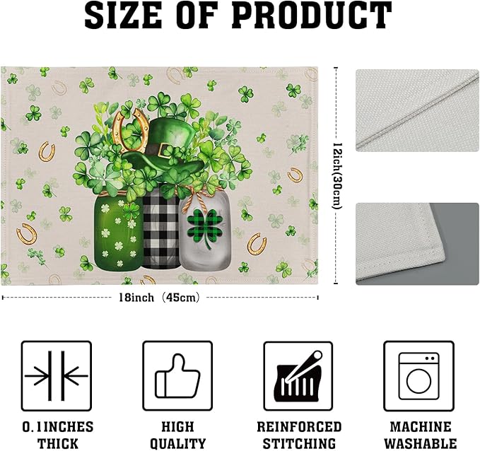 Giwawa 12"x18" Patrick Vases Placemats Set of 4 Lucky Shamrocks Horseshoes Mason Jars Place Mat Spring Clovers Leaf Elf Hat Washable Linen Table Mats for Party Kitchen Dining Holiday Decor