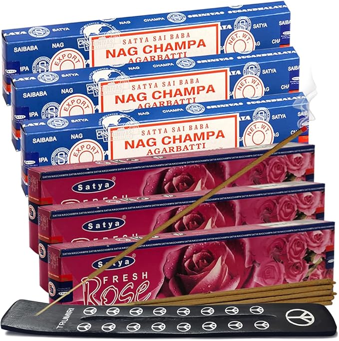 Nag Champa Rose Incense Sticks & Holder Bundle Variety Pack from House of Satya Incense Sticks and Trumiri