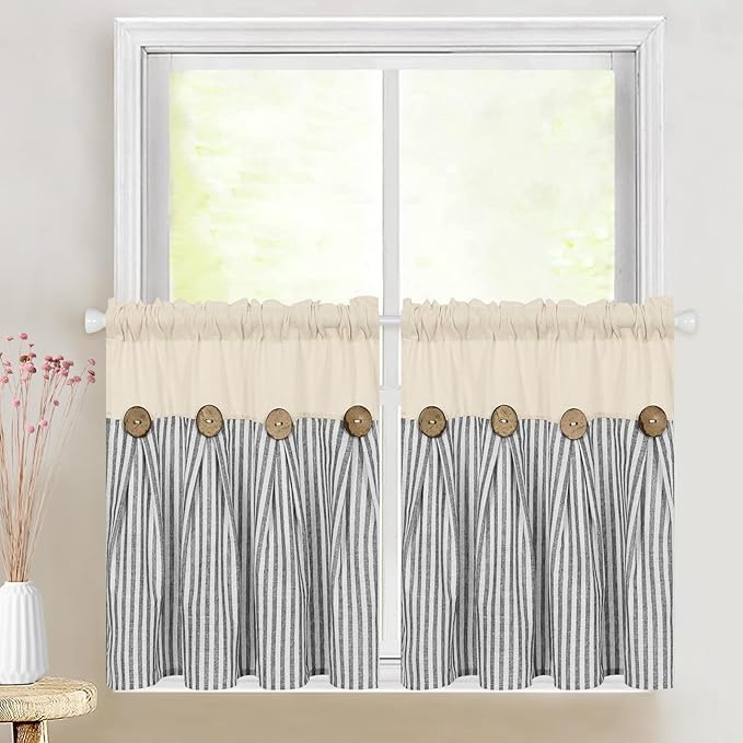 ASPMIZ Cotton Linen Window Treatment Tiers 24 Inch, Boho Rustic Button Kitchen Curtains Farmhouse Style, Grey Stripe Half Window Curtains, Country Short Rod Pocket Curtain for Small Window, 2 Panels