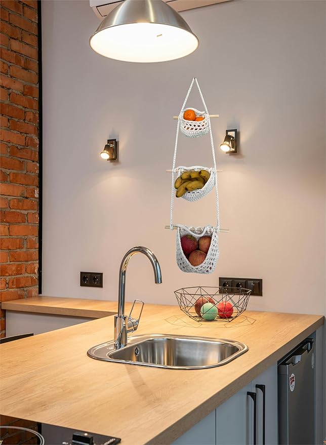 Hanging Fruit Basket, 3 Tier Cotton Macrame Produce Basket for Kitchen, Indoor Planter Hangers.