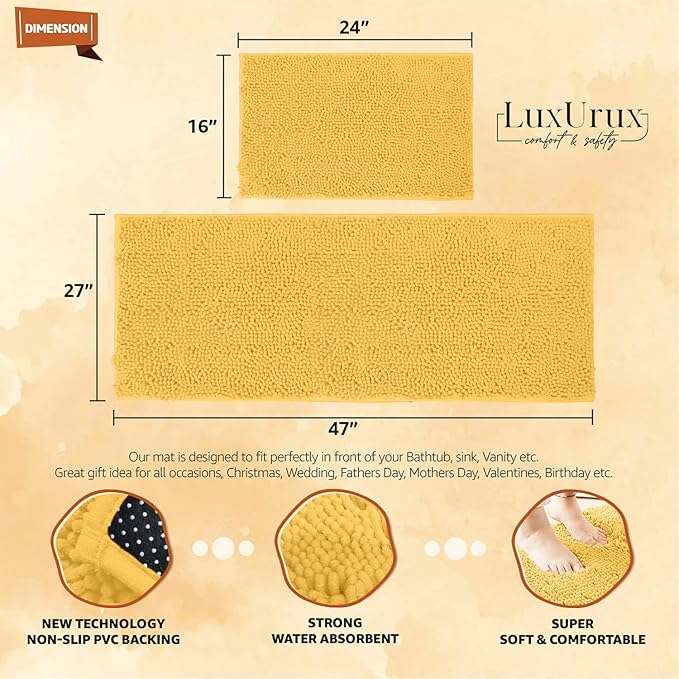 LuxUrux 2-Piece Bathroom Rug Set - Ultra-Plush Chenille Mats, Includes Runner Rug, Soft, Absorbent, Non-Slip & Stylish (27x47 & 16x24 inches, Yellow)
