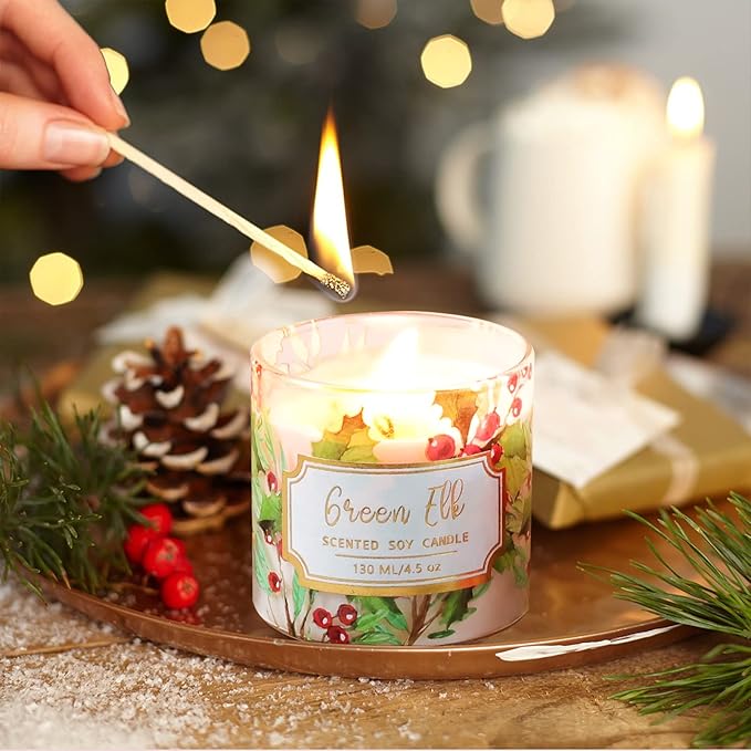 Christmas Scented Pillar Candles, Glass Jar Candles with Wood Lids, 4.5 Oz Natural Soy Wax Candle, Aromatherapy Candles for Home Scented, Candle Gift, SPA, Set of 6