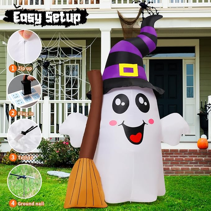 GOOSH 6.2 FT Halloween Inflatables Ghost Outdoor Decorations Blow Up Yard Cute Ghost Holding Broom with Built-in LEDs for Garden Lawn Indoor Party Decor