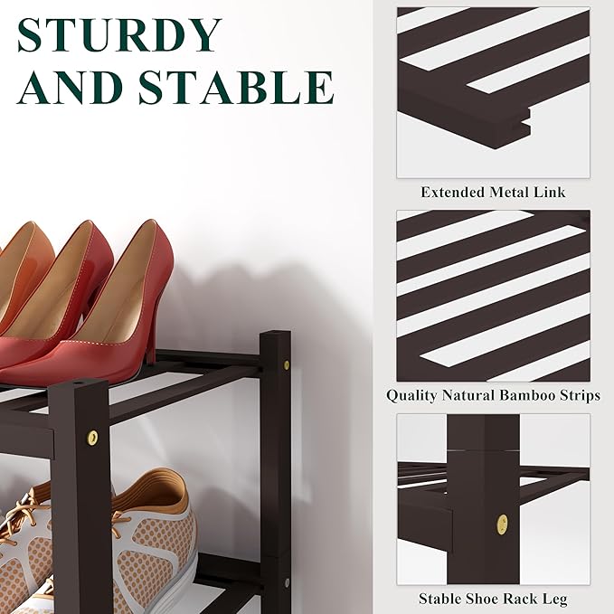 Smiry Bamboo Shoe Rack for Closet, 3 Tier Wooden Stackable Shoe Organizer, Free Standing Shoes Storage Shelf for Entryway, Front Door Entrance, Brown