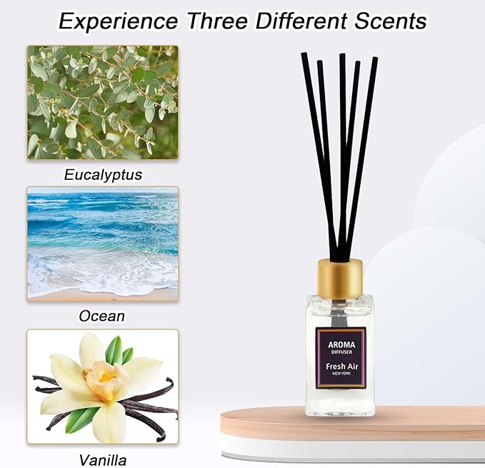 Reed Diffuser Set of 3,Vanilla,Eucalyptus,Ocean Scented Oil Diffuser with 15 Sticks,(50ml) x 3 Home Fragrance Reed Diffuser for Bathroom Shelf Decor