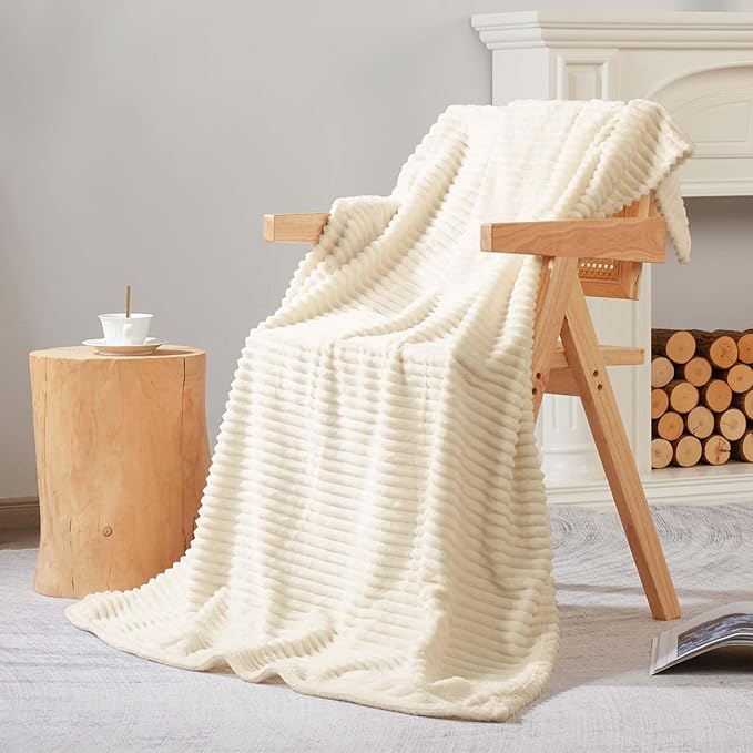 Bnuitland Ivory Flannel Throw with Storage Pouch,300GSM Super Soft Fleece Stripe Pattern Sofa Blanket for Adults and Kids, Lightweight Cozy Bed Throw for Home Decor All Season