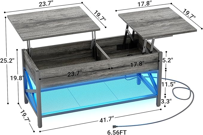Aheaplus Lift Top Coffee Center Table with LED Light and Power Outlet, Modern Table with Storage Shelf for Living Room, Lift Tabletop, X Support, Metal Frame, Black Oak
