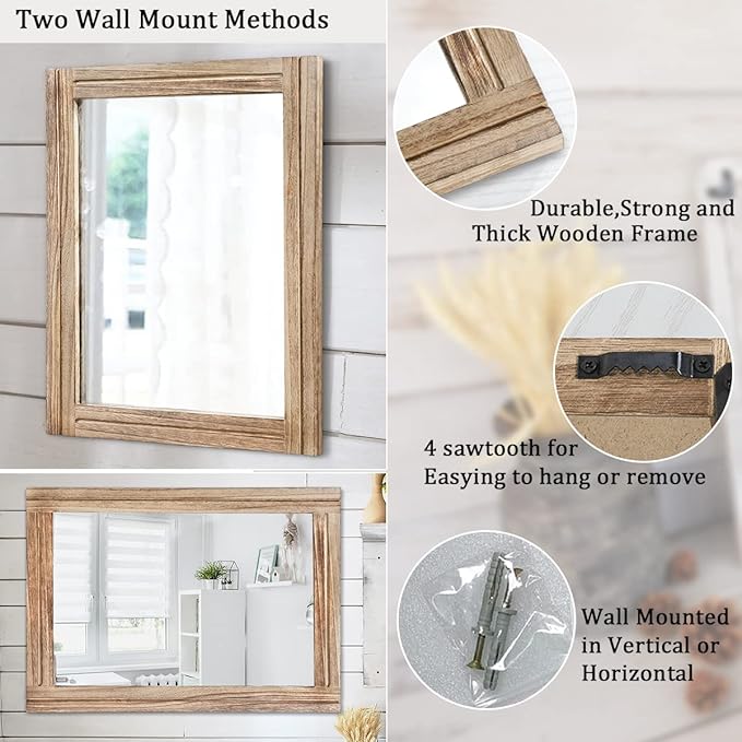 AAZZKANG Rustic Mirror for Wall with Rectangle Wood Framed Decorative Hanging Mirrorrs Large 26"x18"for Bedroom Bathroom Living Room Dressing Room