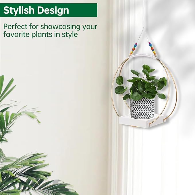 Hanging Planters for Indoor Plants,Plant Hanger with Sturdy Wood Base,Modern Boho Macrame Plant Hanger,Wall Ceiling Window Stands(Plants/Pots Not Included) (1 Pack/Gold+Macrame)