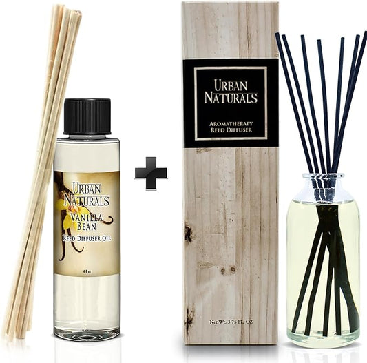 Urban Naturals Vanilla Bean Reed Diffuser Refill, 4 oz, Bundle with Vanilla Bean Reed Diffuser Set - Made with Essential Oils in The USA