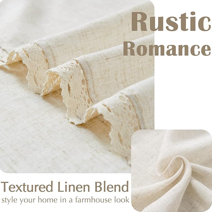 jinchan Linen Light Filtering Curtains 50W x 96L Inch Ecru for Living Room Farmhouse Boho Laced Curtains Back Tab Rod Pocket Drapes 2-Panel Set