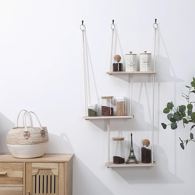 LOSOUR Hanging Shelves for Wall, 3 Tier Boho Wall Decor Hanging Plant Shelf Floating Shelves Rope Rustic Wood Organizer Storage Hanger Rack for Bedroom Kitchen Bathroom Living Room (Brown, Medium)