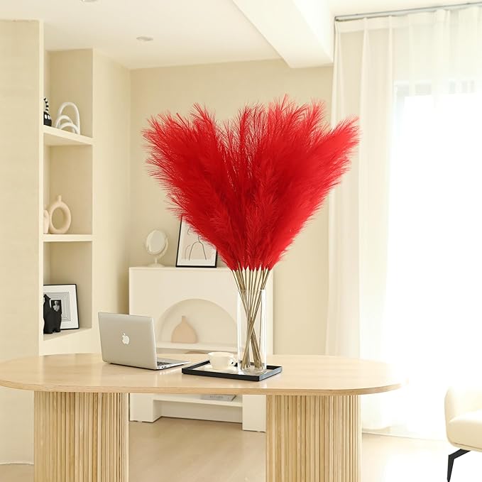 Red Pampas Grass Decor - 45-Inch Set of 8 | Artificial Large Pampas Grass Soft and Fluffy | Long Faux Flower | Perfect for Wedding Centerpieces, Farmhouse, Living Room Decor