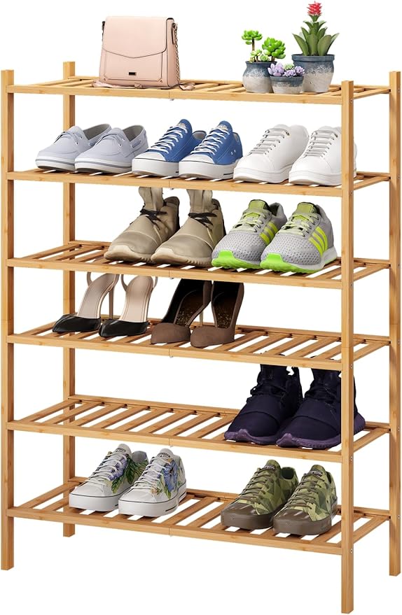 6-Tier Bamboo Shoe Rack for Entryway, Stackable | Foldable | Natural, Shoe Organizer for Hallway Closet, Free Standing Shoe Racks for Indoor Outdoor