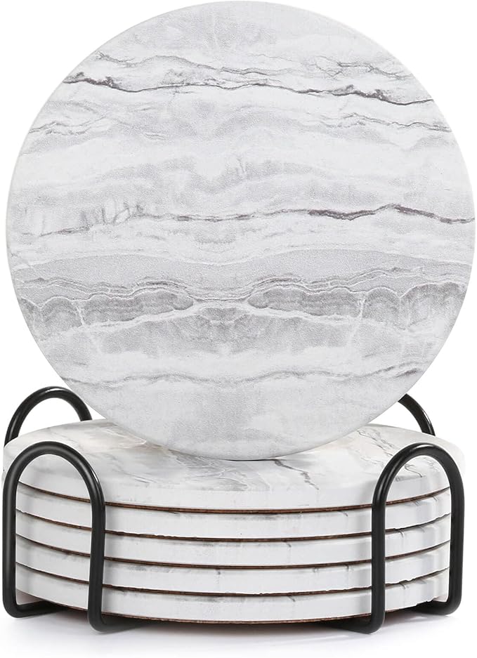 Acejoz Drink Coasters with Holder for Coffee Table, Absorbent Coaster Sets of 6, Marble Style Ceramic Coaster for Wooden Table, Suitable for Kinds of Cups, Home Decor, 4 Inches