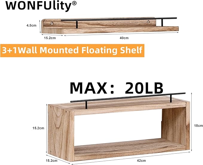 WONFUlity Bathroom Shelves with Storage Basket and Over Toilet Paper Holder, Farmhouse Wood Floating Shelves for Living Room, Bedroom, Kitchen, Wall Decor (2 Pack)