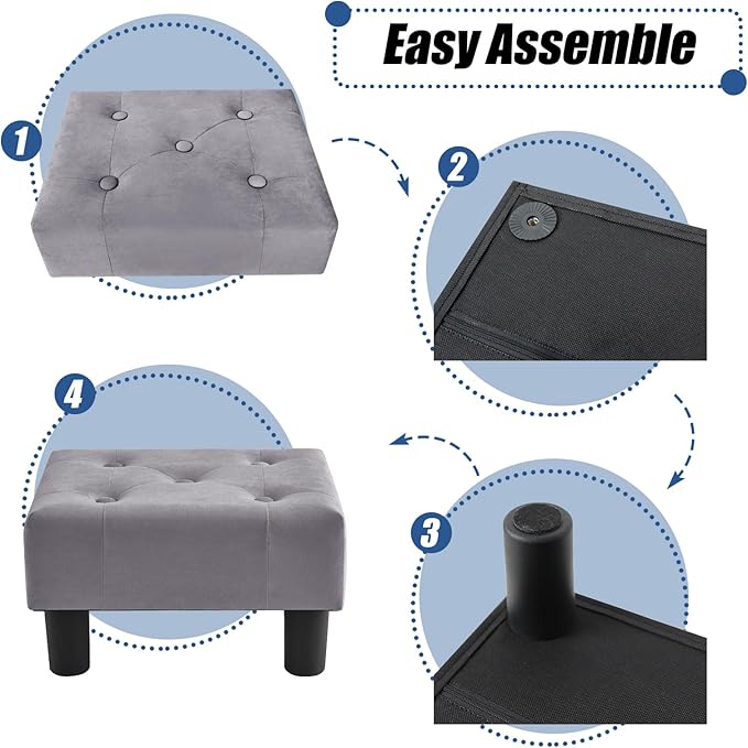 BRIAN & DANY Small Foot Stool, Velvet Foot Stools with Legs, Stable Small Footstool for Living Room, Grey