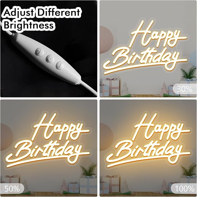Large "Happy Birthday" Neon Sign, USB & Battery Powered (22.4"x14.3"), Adjustable Brightness, Warm LED Wall Decor for Parties & Celebrations