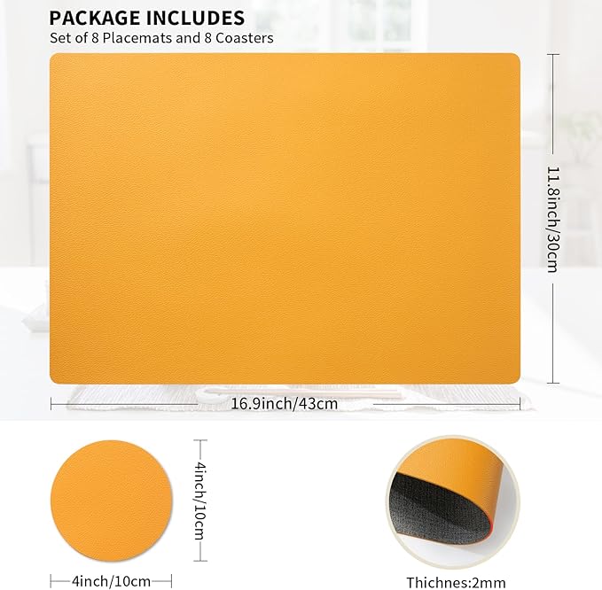 Placemats Set of 8 with Coasters Dual Sided Heat Stain Resistant Place Mats Faux Leather Table Mats Non-Slip Waterproof Oil-Proof Washable Wipeable Table Placemats for Dining Patio Table Kitchen
