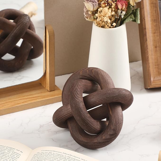 Yalikop 3 Link Wood Knot Decor - Hand Carved Coffee Table Decoration, Boho Chain Link Decor, Modern Shelf, Rustic Objects for Home Living Room Bedroom(Black Walnut)