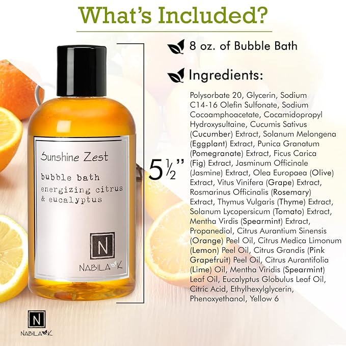 Sunshine Zest Bubble Bath with Citrus & Eucalyptus Scent by Nabila K - Essential Oils with Natural Ingredients for Sensitive Skin, Tear-Free, Gentle, Moisturizing - Luxury for Women & Men, 8 oz
