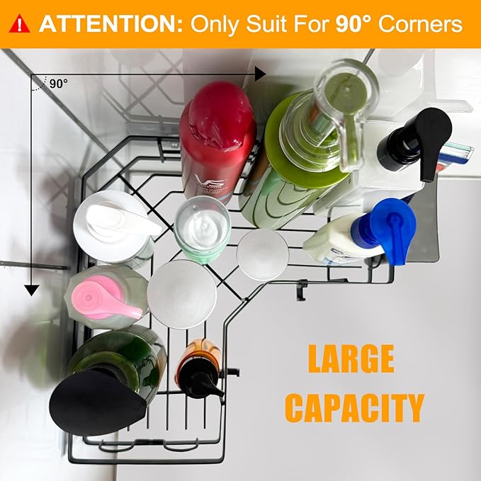 Adhesive Corner Shower Caddy, 2 Packs Shower Organizer Shelves No Drilling Stainless Steel Shower Storage Rack with Hooks & 2pcs Toothpaste Holders for Bathroom Rustproof, Space Saving (Black 4pcs)