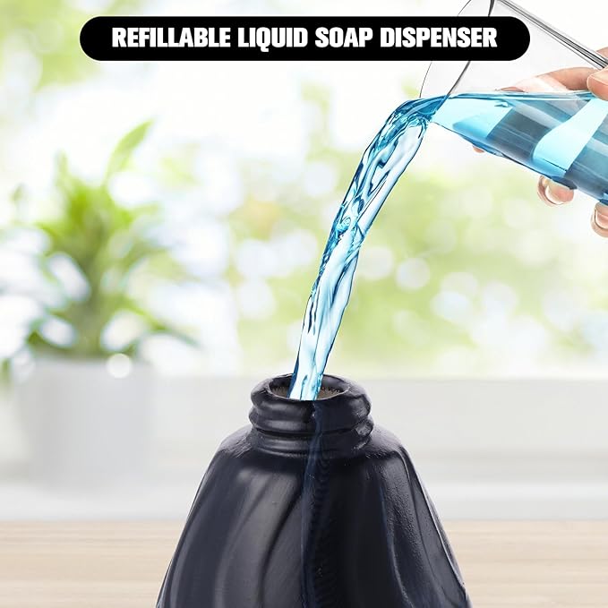 Ceramic Soap Dispenser and Soap Dish Set, Marbled Elegant Bathroom Decor with Non-Slip Base, Modern Hand Wash Bottle & Soap Tray for Bathroom Sink Countertop, Kitchen, Spa (Black)