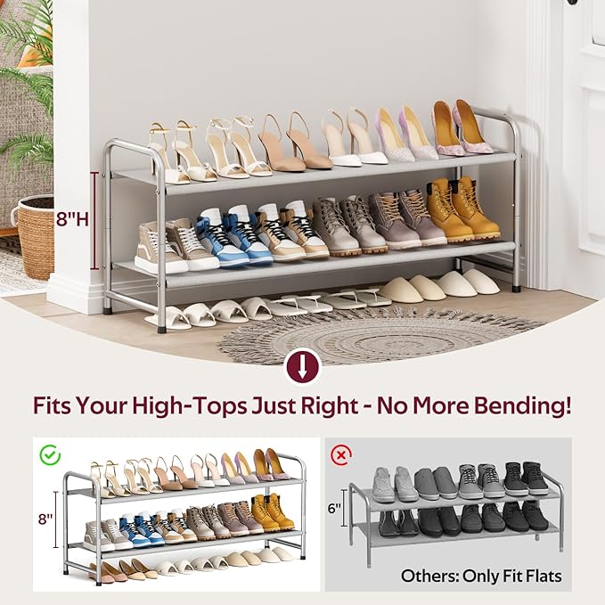 SLEEPING LAMB 2-Tier Long Shoe Rack Organizer for Closet, Stackable Wide Shoe Shelf Holds 18-Pairs Low Shoe Storage for Bedroom, Floor, Entryway (Grey)