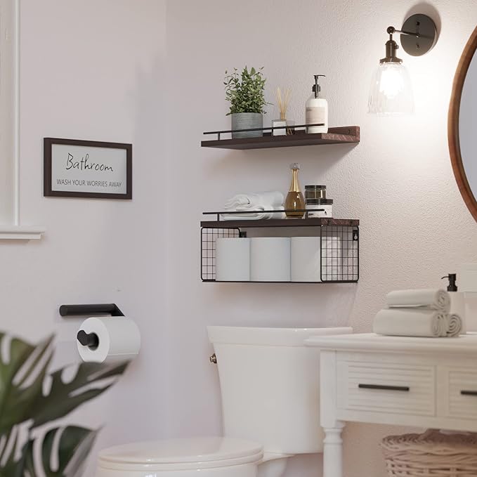 WOPITUES Floating Shelves for Bathroom Wall Decor Sign, Bathroom Organizers and Storage, Bathroom Shelves Over Toilet with Metal Guardrail-Rustic Brown