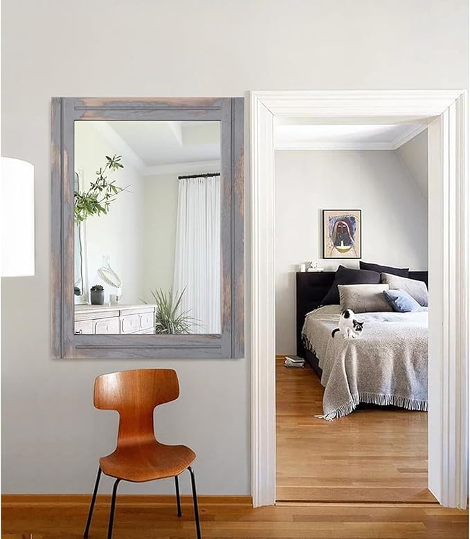 AAZZKANG Wood Framed Mirror Rectangular Rustic Wall Mirrors Decorative Large 28"x20" for Farmhouse Bathroom Living Room Bedroom Grey