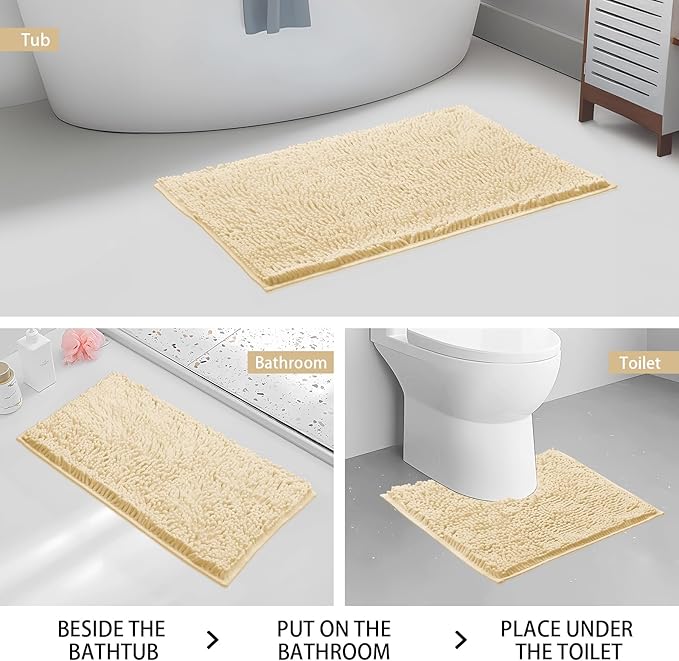 ZiYiJuan Bathroom Rugs, Super Absorbent Luxury Shaggy Chenille Bath Mats, Durable (Milky White,20x32+20x32(in)