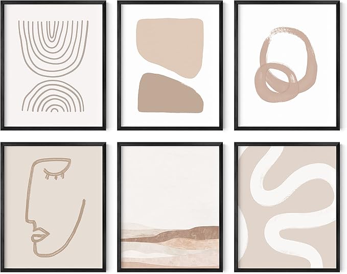 HAUS AND HUES Frameable Beige Boho Art Wall Decor - Set of 6 Neutral Mid Century Modern Wall Art, Minimalist Wall Art, Neutral Wall Decor, Beige Boho Posters for Room Aesthetic (Black Frame, 16x20)