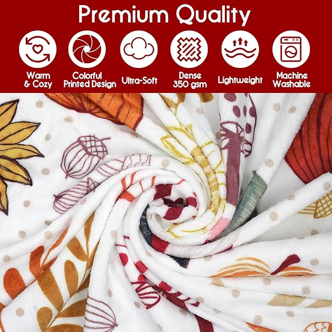 Fall Thanksgiving Throw Blankets,Autumn Gnome Pumpkin Maple Leaves Farmhouse Blanket Throw, Flannel Fleece Throw Blanket for Home Living Room Couch Bed Chair or Dorm Decor 60"x50"