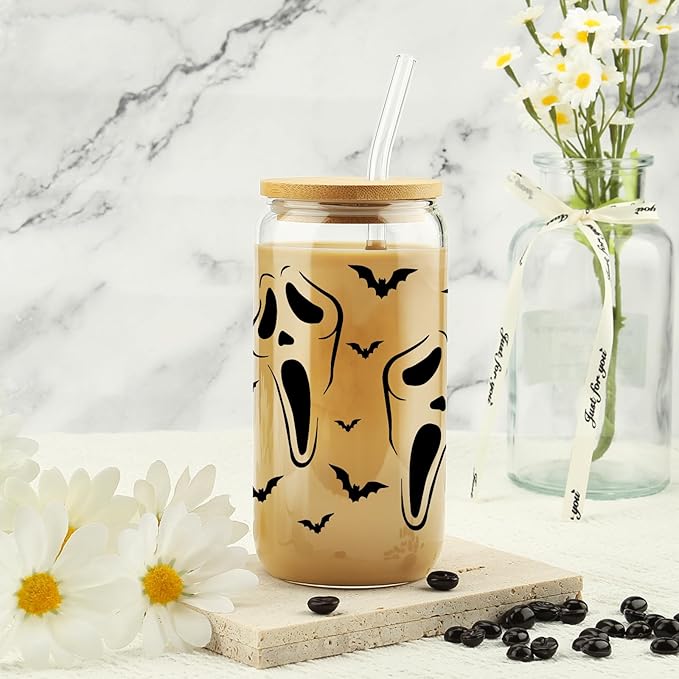 Gifts for Her, Halloween Friend Gifts, Fall Gifts, Halloween Coworker Ghost Bats Can Cup, Halloween Cup Gift for Family, Iced Coffee Cup, Spooky Season Mug, 16 Oz Glass Cup with Bamboo Lid & Straw