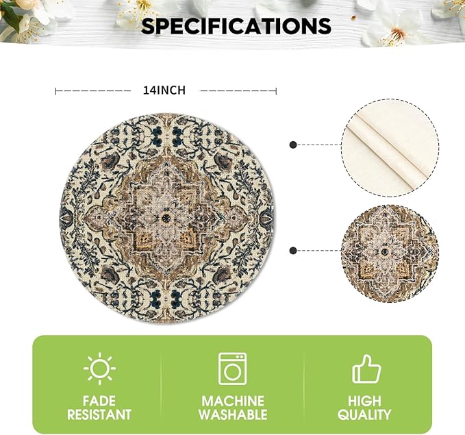 Artoid Mode Boho Round Placemats Set of 4,14 Inch Seasonal Daily Blue Teal Flowers Bohemia Table Mats for Party Kitchen Dining Decoration